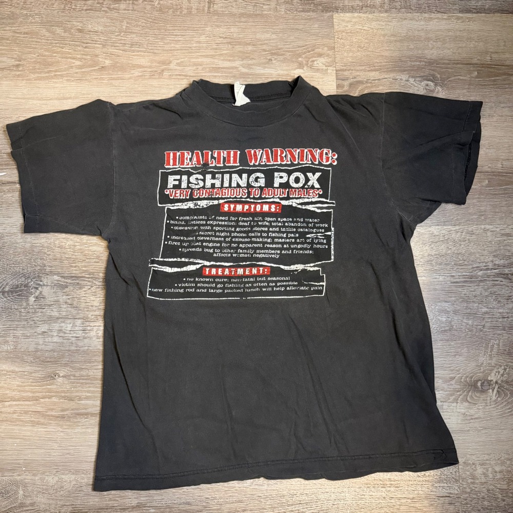 Vintage Island Dream Fishing Pox Humor Graphic T-Shirt Black Mens L 90s Novelty